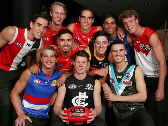 2018 AFL Draft at Marvel Stadium, Melbourne. Top 10 in this years draft   . Pic: Michael KleinMax King, Jack Lukosius, Ben King, Tarryn Thomas, Nick BlakeyBailey Smith, Izak Rankine, Sam Walsh, Chayce Jones, Connor Rozee