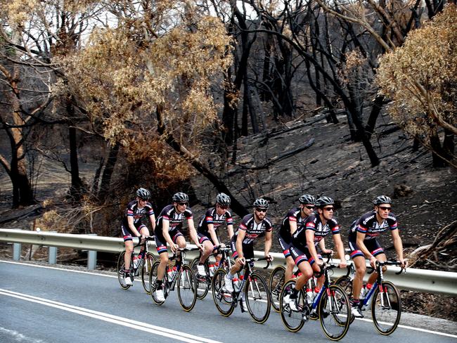 TDU Team Giant Alpecin train in a fire-ravaged area near Chain of Ponds. Picture: Dylan Coker