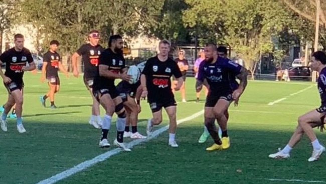 It’s believed Melbourne coaching staff had the imitation jerseys made especially for the opposed contact session, in preparation for their preliminary final clash against Penrith.