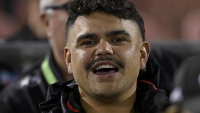 Rabbitohs star Latrell Mitchell in the stands watching his teammates during their loss to Penrith. Credit: NRL Images.