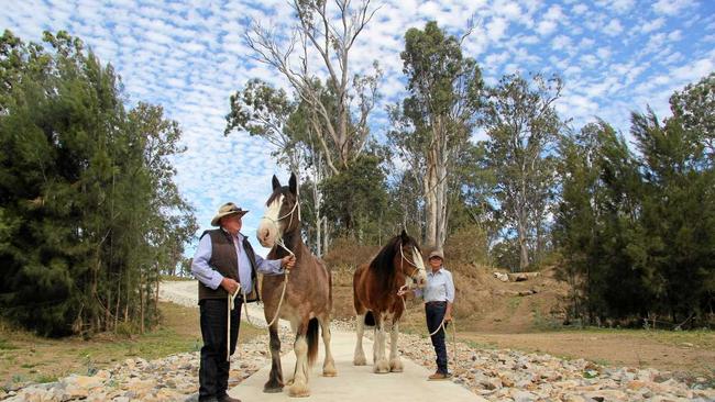 Craig Eastment and Sue Hudd recently established their tourism business, Heartland Heavy Horses along the Brisbane Valley Rail Trail. Picture: Contributed