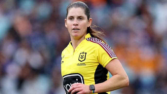 SYDNEY, AUSTRALIA - MAY 04: Referee, Kasey Badger in action during the round nine NRL match between Canterbury Bulldogs and Wests Tigers at Accor Stadium, on May 04, 2024, in Sydney, Australia. (Photo by Brendon Thorne/Getty Images)