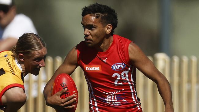 MELBOURNE, AUSTRALIA - SEPTEMBER 03: Ricky Mentha of the Power runs with the ball during the Coates Talent League Boys Wildcard Round match between Gippsland Power and Dandenong Stingrays at La Trobe University Sports Fields on September 03, 2023 in Melbourne, Australia. (Photo by Daniel Pockett/AFL Photos)