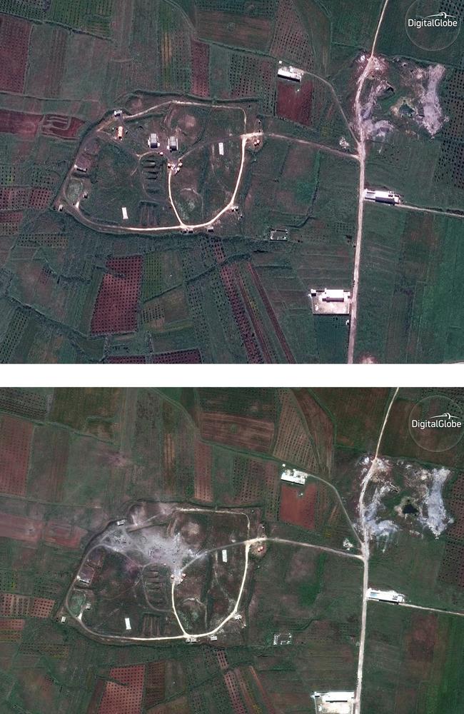 This combination of satellite images provided by DigitalGlobe shows the Him Shinshar Chemical Weapons Storage Facility in Syria before and after the  US-led allied missile attack.