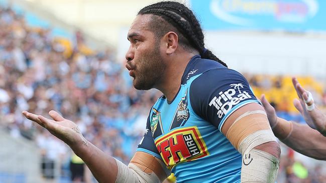 Konrad Hurrell of the Titans celebrates a try during the round 20 NRL match between the Gold Coast Titans and the New Zealand Warriors. Photo: Getty Images