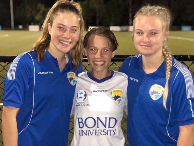 Gold Coast United under-15 girls' players Laura Elliott, Ryleigh Saunderson and Rees Donnelly.