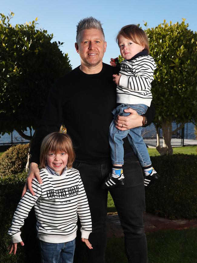 Chef Massimo Mele at their waterfront home in Taroona, with children Rio, 2, and Max, 5. Picture: NIKKI DAVIS-JONES