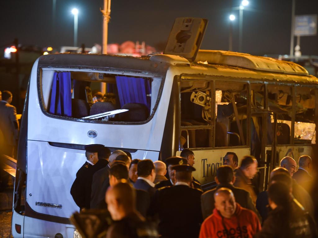 The roadside bomb exploded near their bus as it travelled close to the Giza pyramids in Cairo. Picture: AFP