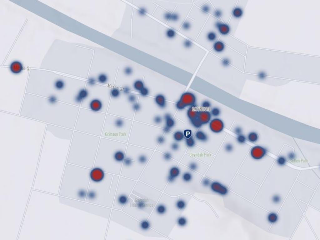 A crime heat map of Gayndah from September 1 2018 to August 31 2020. Picture: Queensland Police Service