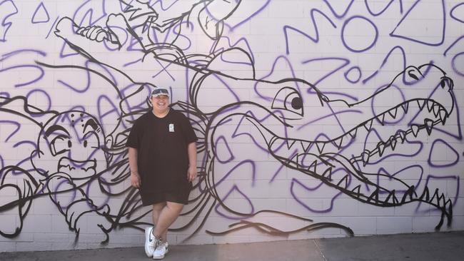 Artist Kororia Atuahiva – known as KBAR – kicks off the first Palmerston Street Art Festival in 2024. Her mural is anime themed. Picture: Sierra Haigh