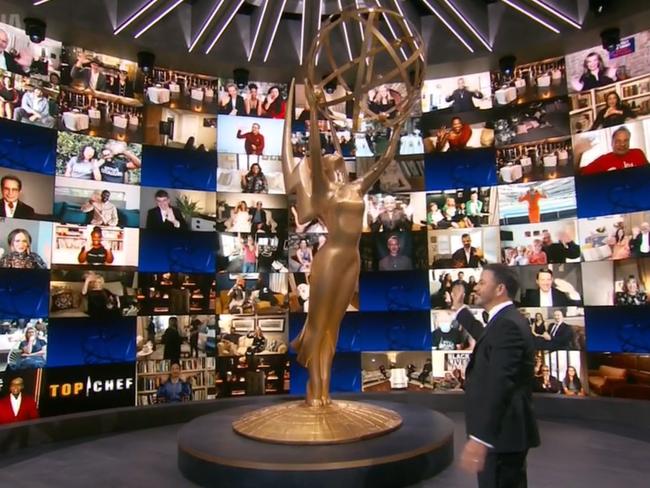 Emmys host Jimmy Kimmel, right, speaking to nominees on Zoom. Picture: AFP