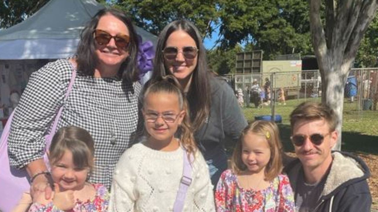 Helen Savage, Claudia, 4, Aaliyah, 6, Elke, 6, Laura and Mitch Schwieso at the Sunshine Coast Agricultural Show 2023.