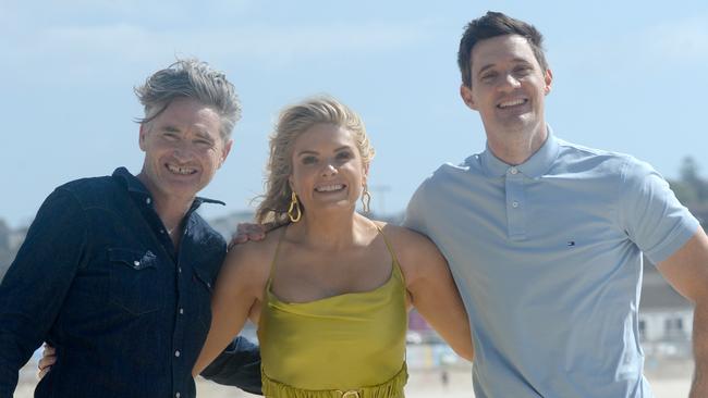 The 2Day FM breakfast team — Dave Hughes, Erin Molan and Ed Kavalee — filming at Bondi Beach. Picture: NCA NewsWire / Jeremy Piper