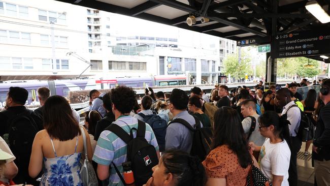 Crowds of passengers packed onto the platform waiting for delayed trains at Central Station last week. Photographer: Ted Lamb