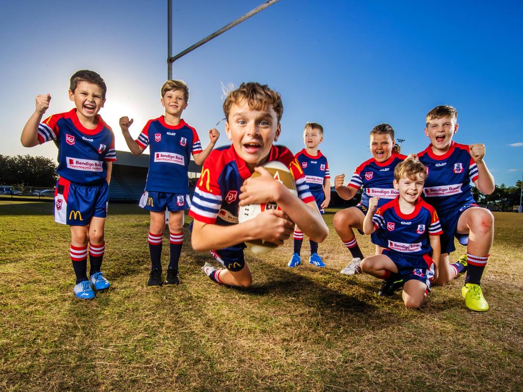 Could any of these Runaway Bay Juniors by an NRL star one day? (L-R) Parker Stanley, 6, Beau James, 6, Jaxon George, 11, Archie Cordwell, 5, Maddox Churton, 11, Ricky O’Connor, 7 and Hudson Siganto, 11. Picture: Nigel Hallett