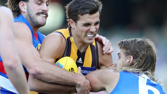 Finn Maginness made his AFL debut against the Bulldogs. Picture: Sarah Reed