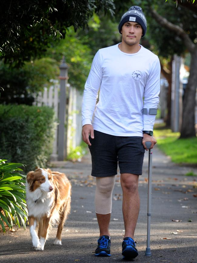 Alex Woodward recovers with his Australian sheepdog Koda after his fourth ACL surgery. Picture: Andrew Henshaw