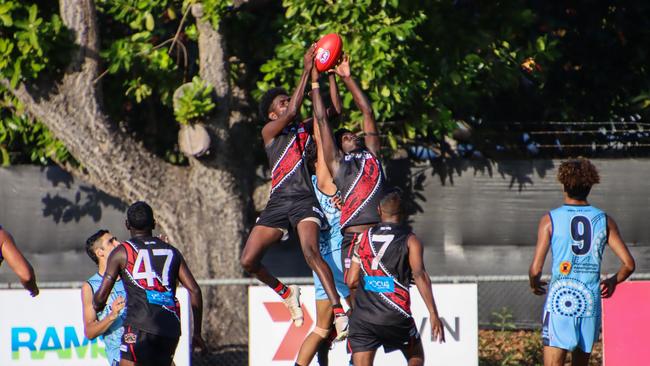 The Tiwi Bombers took on the Darwin Buffaloes in the NTFL at Gardens Oval in Round 8. Picture: Celina Whan