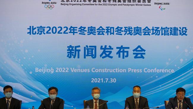 Chinese officials speak to reporters about the Beijing 2022 Winter Olympic and Paralympic Game. Picture: Getty Images.