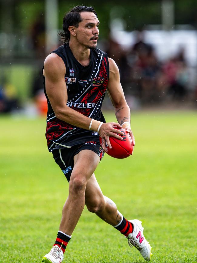 Braedon McLean playing for the Tiwi Bombers in the 2024-25 NTFL season. Picture: Patch Clapp / AFLNT Media