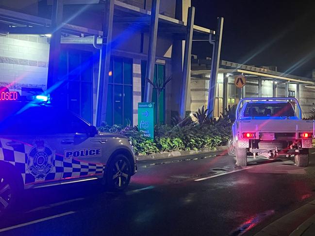 A stolen Ford Ranger ute pictured where it came to a halt near an entrance to Westfield Hlensvale on Sunday August 11. Picture: Keith Woods.