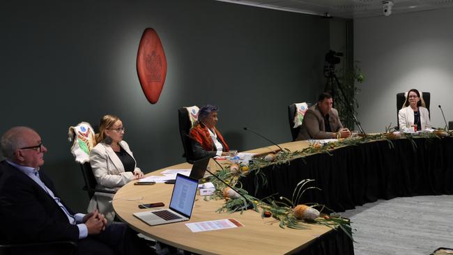 Commission members, Kevin Bell AM KC, Sue-Anne Hunter, Professor Eleanor Bourke AM, Travis Lovett and Professor Maggie Walter. Picture: Brianna Young/Yoorrook Justice Commission