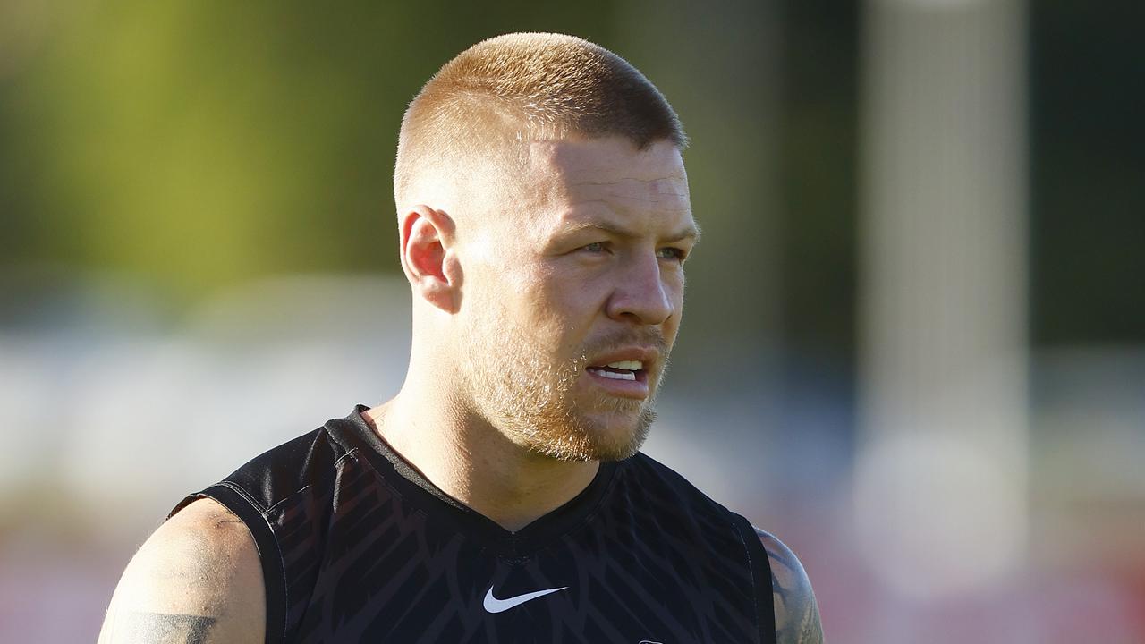 MELBOURNE, AUSTRALIA - FEBRUARY 12: Jordan De Goey of the Magpies looks on during a Collingwood Magpies AFL training session at Holden Centre on February 12, 2022 in Melbourne, Australia. (Photo by Mike Owen/Getty Images)