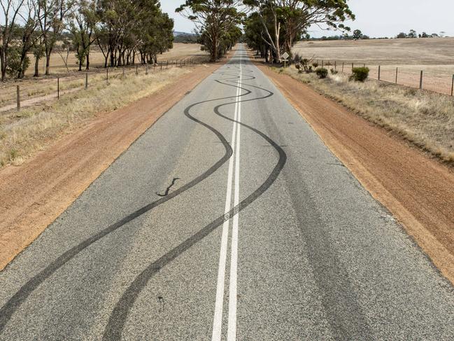 Burnouts line the road on Quairading-York Road.PERTH NOW / SUNDAY TIMES GENERIC burnout , tyre marks.