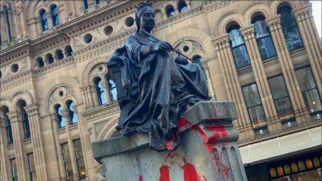 Red paint pictured splattered over the Queen Victoria statue in Sydney. Credit: 2GB