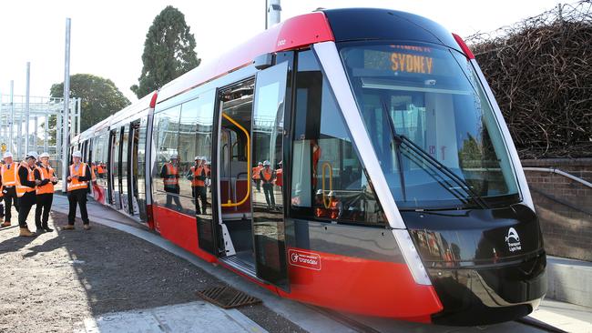 Premier Gladys Berejiklian revealed the first light rail vehicle for the CBD and South East Light Rail in August last year. Picture: Tim Hunter