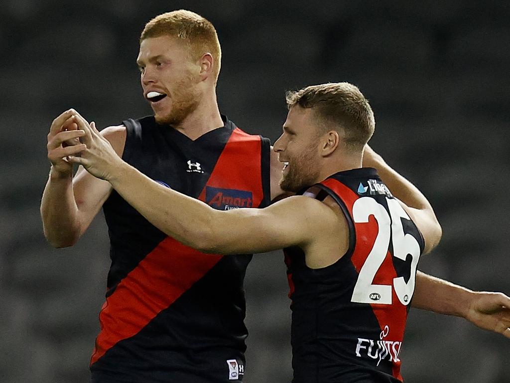 Wright (L) became the first player since 2015 to kick seven goals against the team atop the AFL ladder (Photo by Michael Willson/AFL Photos via Getty Images)