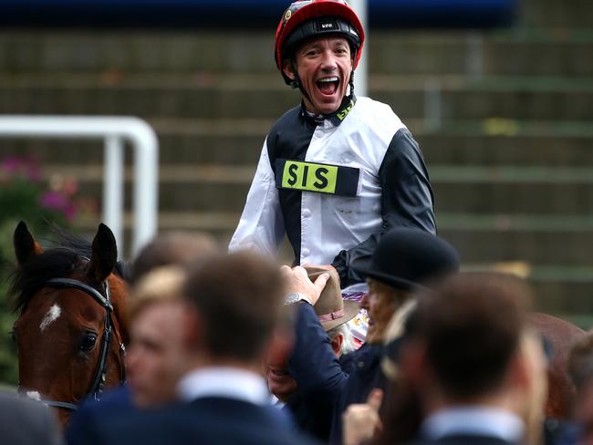 ASCOT, ENGLAND - OCTOBER 21: Frankie Dettori celebrates after he rides Cracksman to win The QIPCO Champion Stakes at Ascot racecourse on QIPCO British Champions Dat on October 21, 2017 in Ascot, England. (Photo by Charlie Crowhurst/Getty Images)