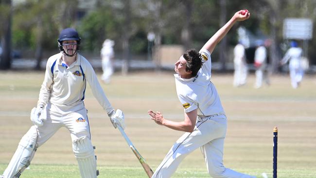 Valley bowler Ben Giddy 3rd grade between Sandgate-Redcliffe v Valley Saturday September 16, 2023. Picture, John Gass