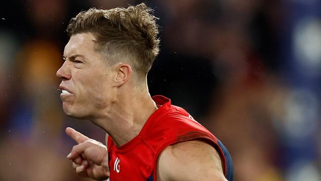 Jake Melksham of the Demons celebrates after kicking the winning goal against the Lions. Picture: Michael Willson/AFL Photos