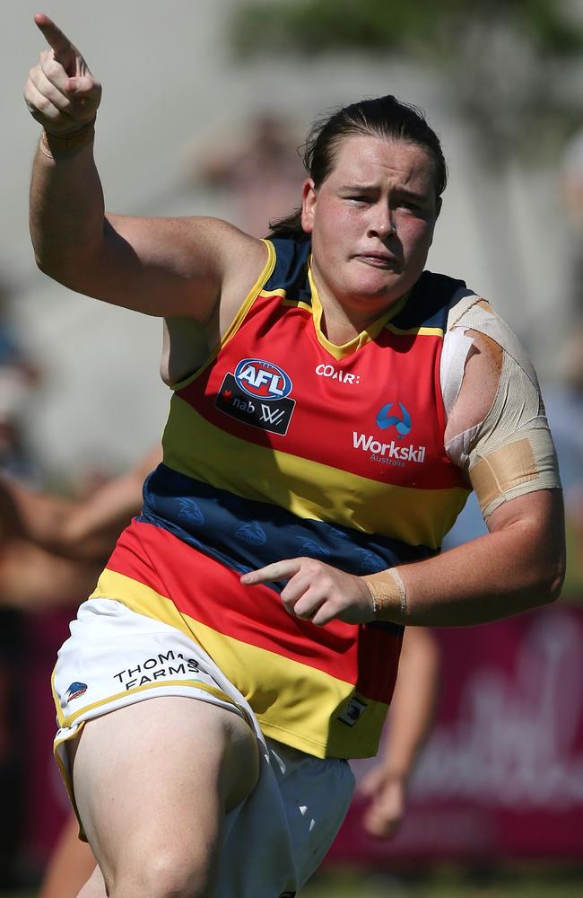 Sarah Perkins celebrates a goal against Collingwood. Picture: Wayne Ludbey