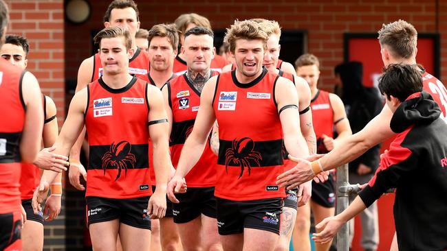 Romsey run out onto the field during the round 16 Riddell District Football Netball League 2023 Bendigo Bank Seniors match between Romsey and Macedon at Romsey Park in Romsey, Victoria on August 5, 2023. (Photo by Josh Chadwick)