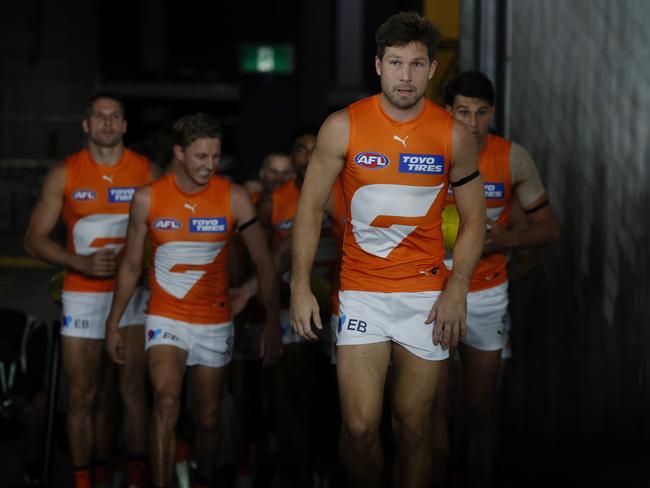 MELBOURNE , AUSTRALIA. April 20 , 2024. AFL Round 6. Carlton vs GWS Giants at Marvel Stadium. Toby Greene leads the Giants onto Marvel Stadium . Pic: Michael Klein