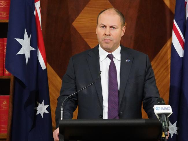 Federal Treasurer Josh Frydenberg speaks to the media during a press conference in Melbourne, Tuesday, June 4, 2019. The Treasurer is calling on all banks to pass on the full interest rate cut handed down by the RBA. (AAP Image/Stefan Postles) NO ARCHIVING