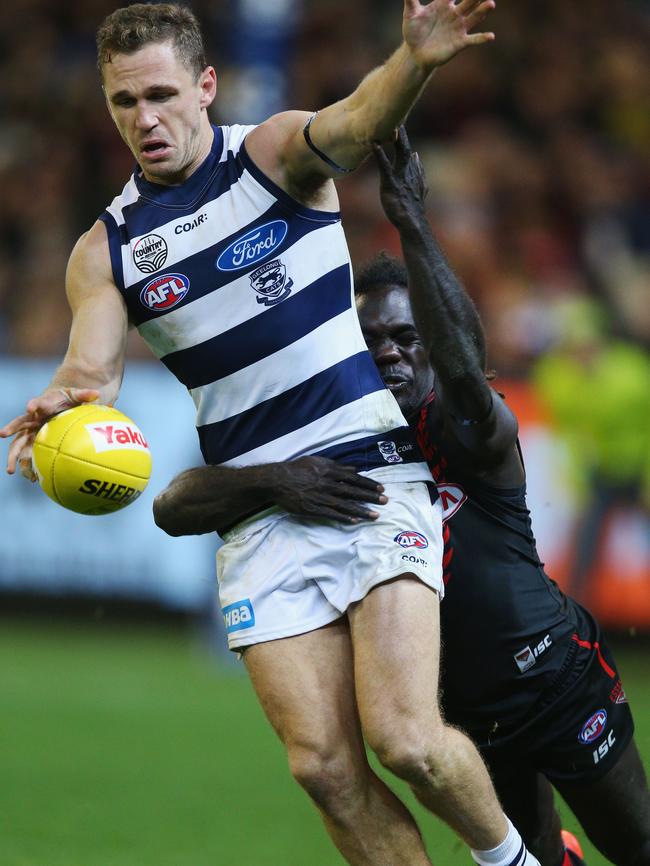 McDonald-Tipungwuti catches Joel Selwood. Picture: Getty Images