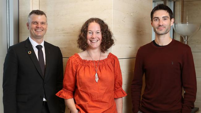 Tom Hall, Global Head Social Impact and Philanthropy, Susan Clear, Head of Impact Investing, Macquarie Group Foundation and Ben Smith, Head of Impact Investing, Paul Ramsay Foundation at UBS, Sydney. Picture: John Feder/The Australian