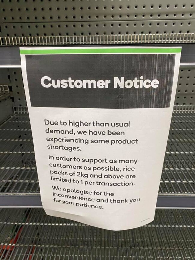 A Ryde supermarket informing shoppers of rice shortages. Picture: Facebook/@jeromelaxale