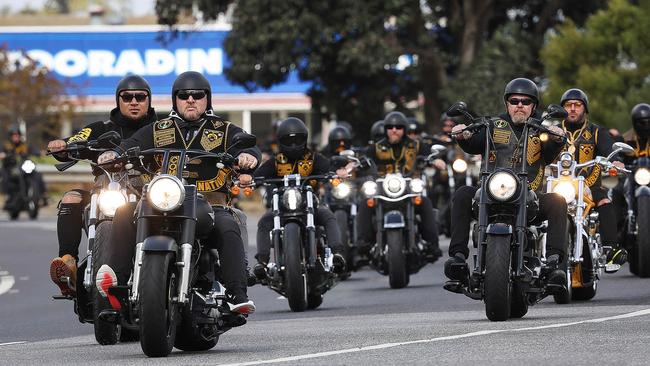 Comanchero Motorcycle Club members riding out of Tooradin. Picture: Ian Currie