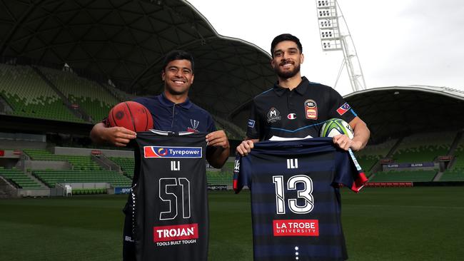 Ili brothers Stacey and Shea ahead of Sunday where they will share the Melbourne sporting stage in rugby union and basketball. Picture: Getty Images