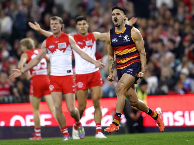 Izak Rankine celebrates a goal during the big win over Sydney. Picture: Phil Hillyard