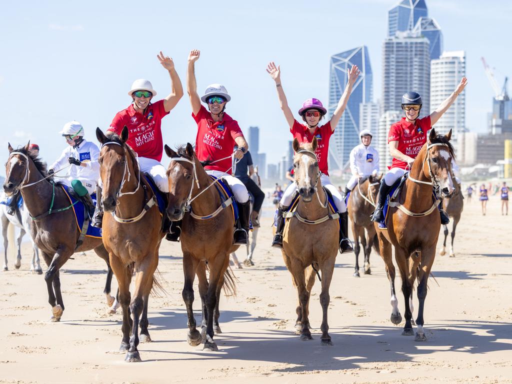 Billy Slater, Nacho Figueras, Delfina Blaquier and Zara Tindall at the Magic Millions Beach Run and Barrier Draw. Picture by Luke Marsden.