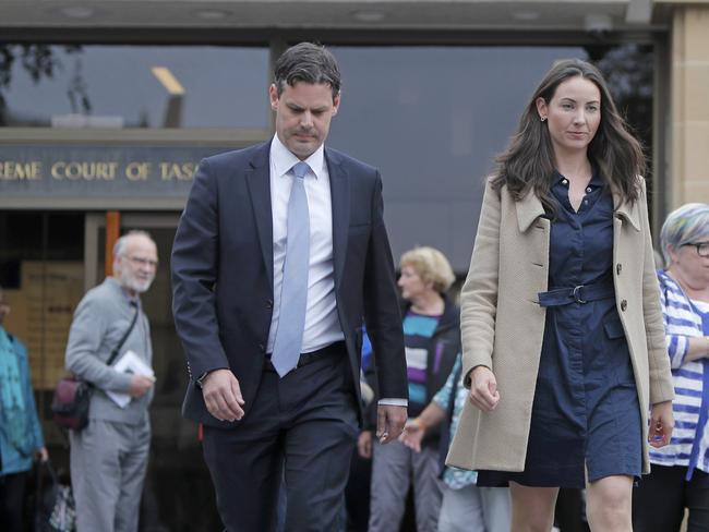 Sue Neill-Fraser's daughter Sarah Bowles and her husband Mark leave Hobart Supreme Court after their mother's bid for an appeal was approved. Picture: PATRICK GEE