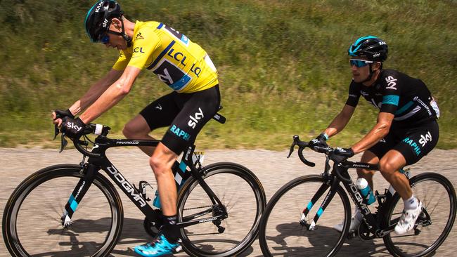 Christopher Froome in the yellow leader’s jersey.