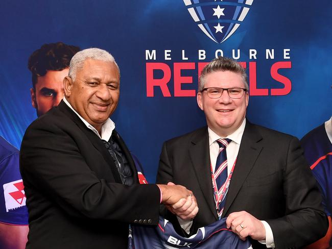 Prime Minister of Fiji Frank Bainimarama and Melbourne Rebels President Paul Docherty. Picture: AAP