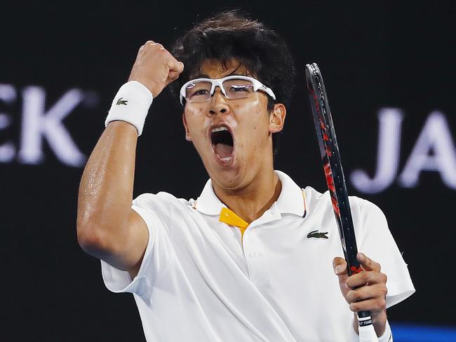 Hyeon Chung celebrates after holding serve and taking a 6-5 lead in the 3rd set. Picture: Michael Klein