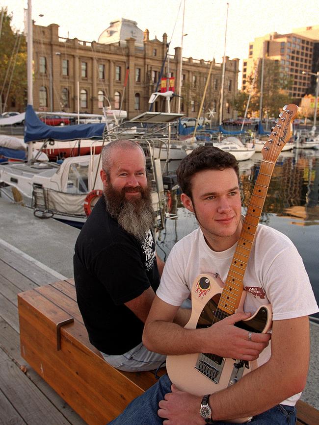 Bruce Cornelius and son Pete Cornelius in Hobart in the days of performing together. Picture: Barry Winburn